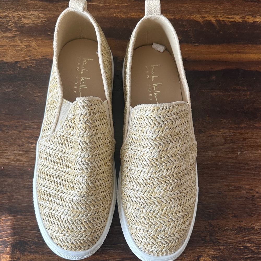 Nicole Miller Cream Braided Espadrille Slip-On Sneakers